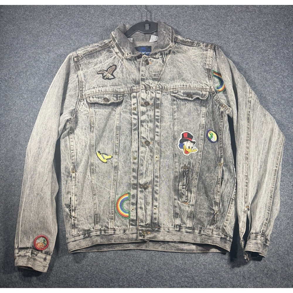Vintage Canyon River Blues Acid Wash Denim Jacket with Multi-Theme Patches XL